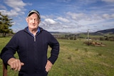 A man stands in a green paddock with a blue sky behind him 