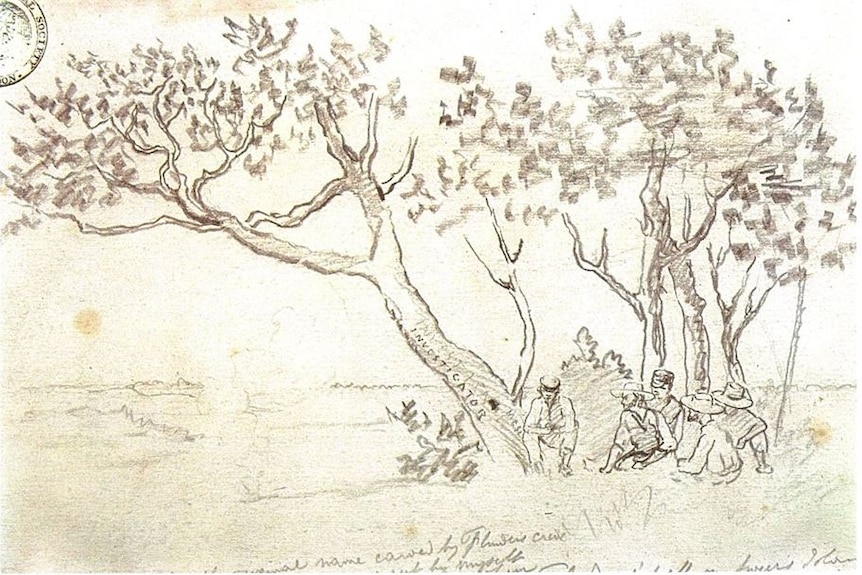 sketch of men sitting under tree