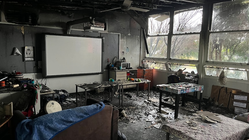 School whiteboard and desks with black and melted items