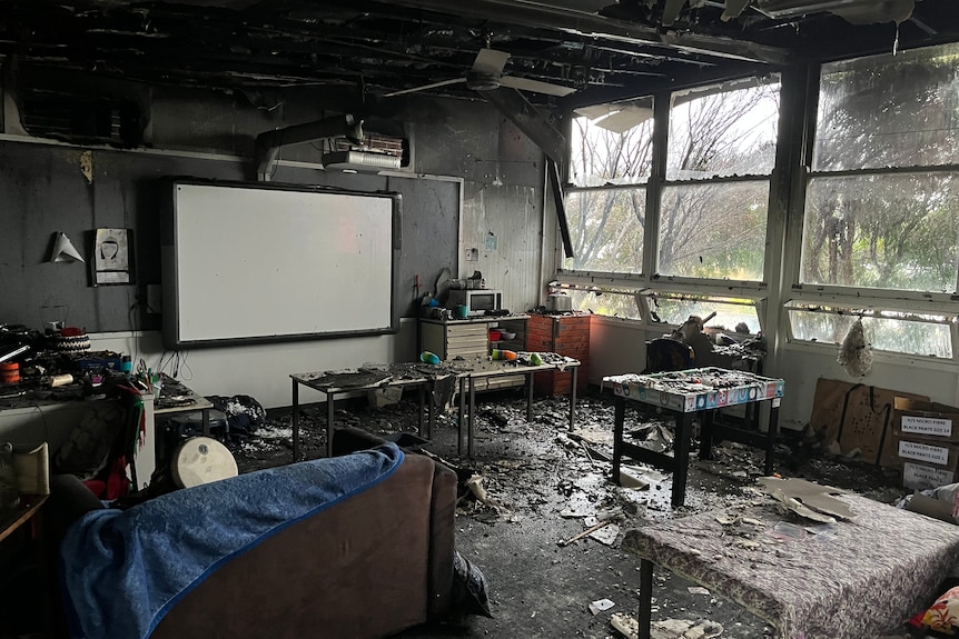 School whiteboard and desks with black and melted items