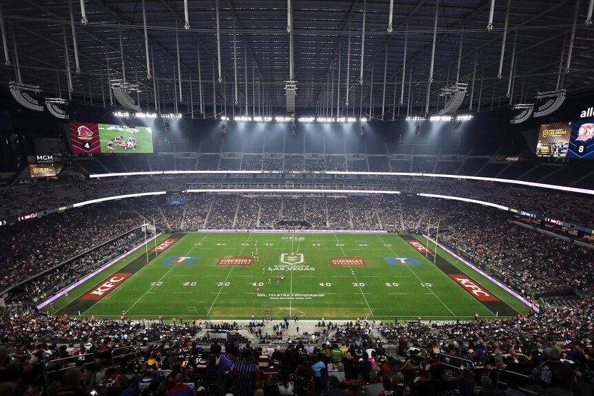 A wide shot of the crowd at Allegiant Stadium for the NRL season openers in Las Vegas.