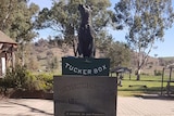 A statue of a dog on a tuckerbox mounted on a plinth in a fountain in a town park.