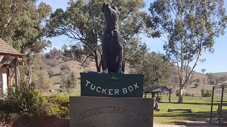 A statue of a dog on a tuckerbox mounted on a plinth in a fountain in a town park.