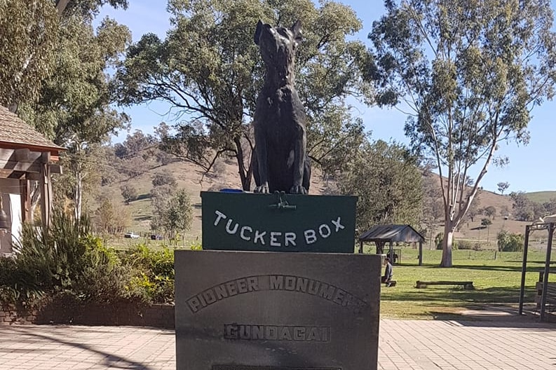 A statue of a dog on a tuckerbox mounted on a plinth in a fountain in a town park.