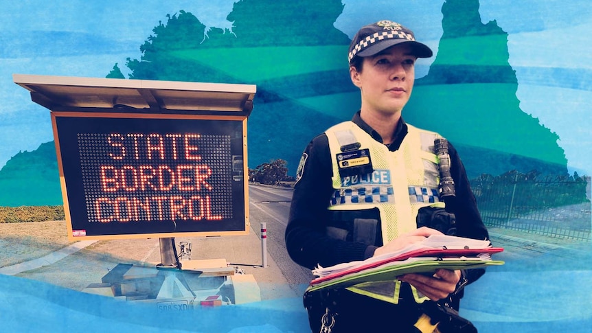 A policewoman stands next to an illuminated road sign that says 'state border control'. A map of Australia in the background.
