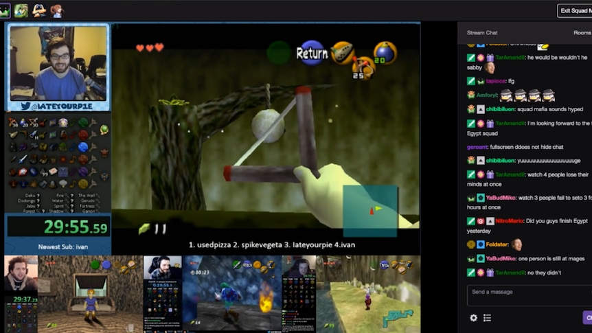 A screenshot with several video feeds and a chat forum