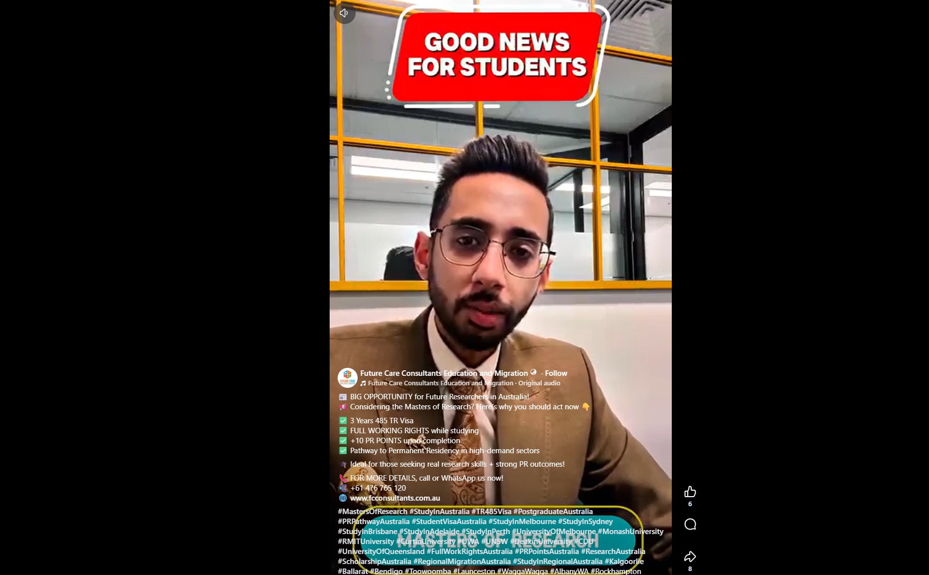 A Facebook reel showing Shabeel Nawab with graphic text reading 'good news for students'.