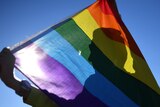 a person's silhouette can be seen from the other side of a rainbow flag with the sun shining through
