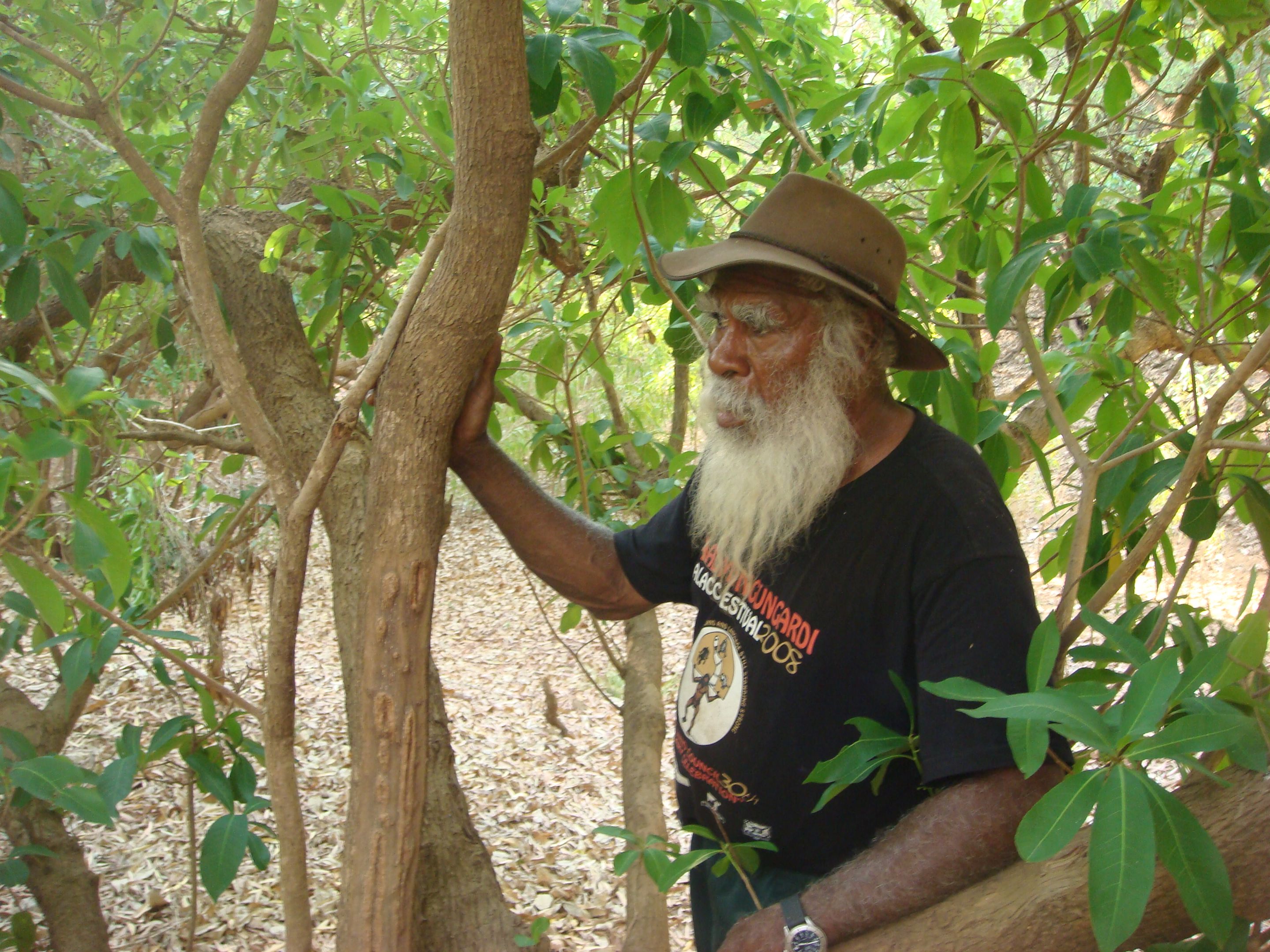 He wears a big hat and walks through the bush