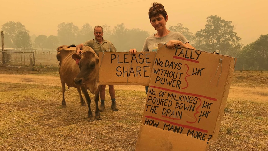 A man and woman stand in smoke holding a sign