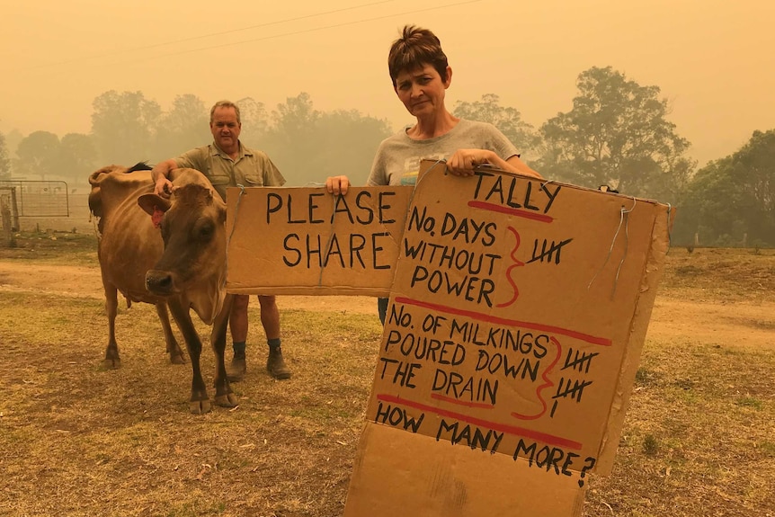 A man and woman stand in smoke holding a sign