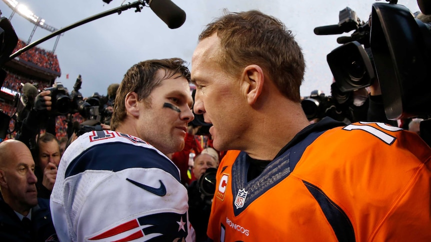 Peyton Manning and Tom Brady hug after their AFC Championship game