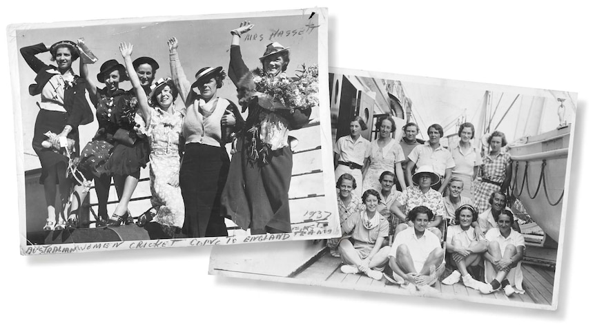 A collage of black and white images of a group of women on a boat. 