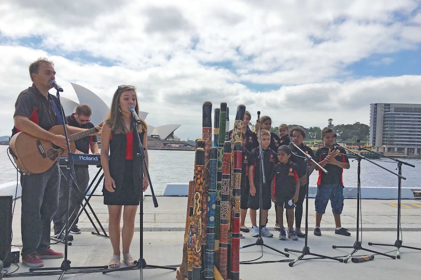 The Mount Druitt Indigenous Choir perform at the Australia Day launch in Circular Quay.