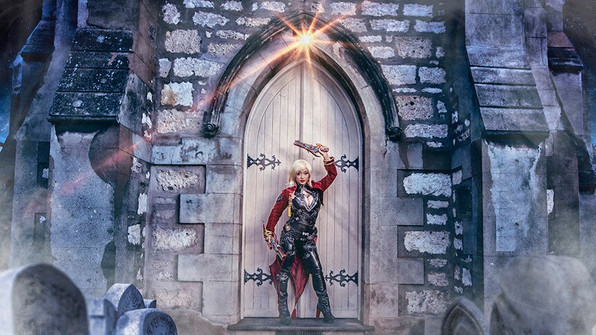 Yaya Han poses in front of a church on North Terrace in Adelaide.