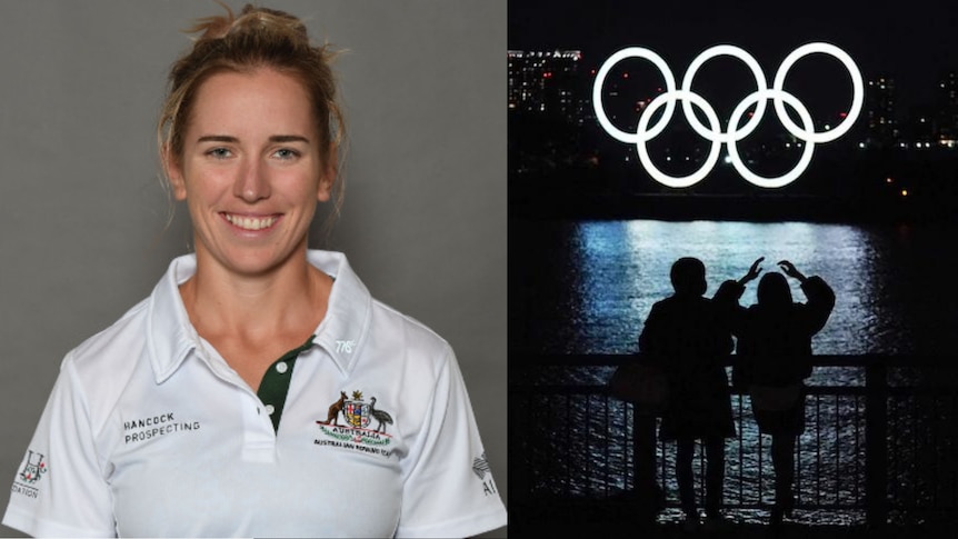 A blonde woman in her late 20s stares smiling in an Australian Olympics polo shirt. On the right, the olympic rings 