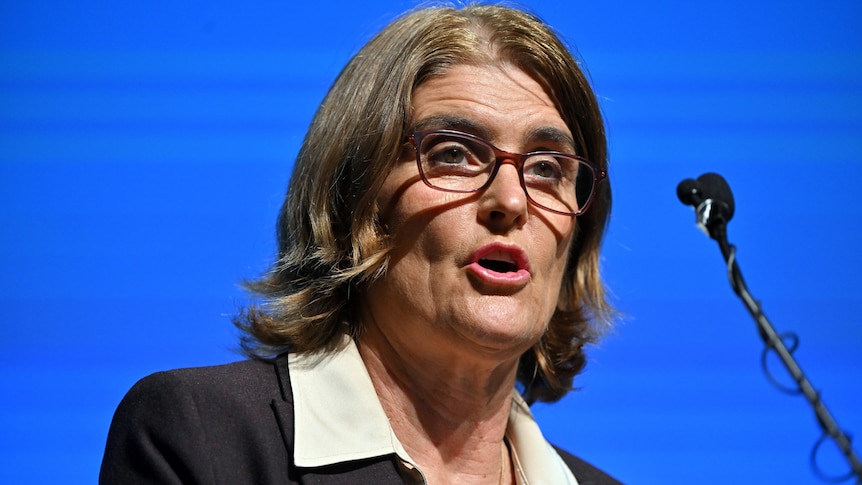 An older woman with a dark grey bob and glasses speaks into a small microphone in front of a blue screen.