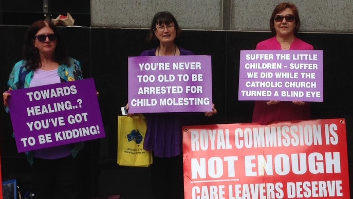 Members of the Care Leavers Australia Network outside the Royal Commission into child sexual abuse, Sydney, 2014