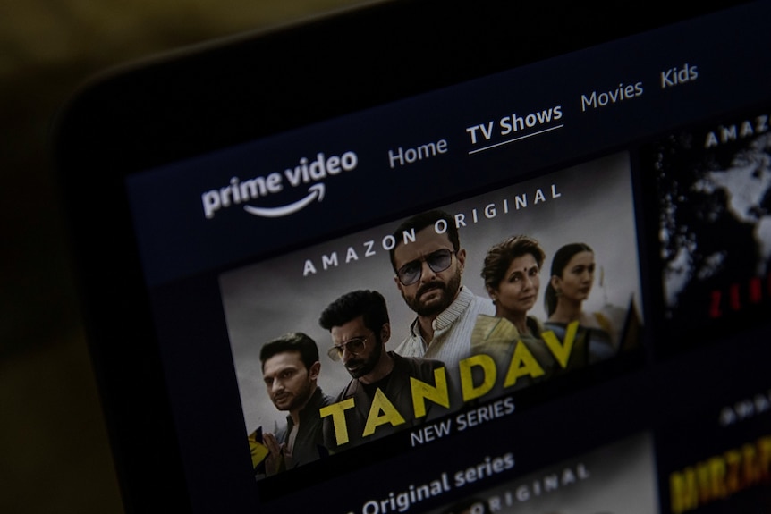 A poster of Tandav, a web series is seen on Amazon Prime Video streaming service website.