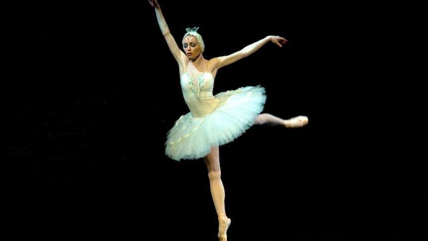 The Prima Ballerina playing the Swan Princess Odette during a solo in Tchaikovsky's 'Swan Lake'.