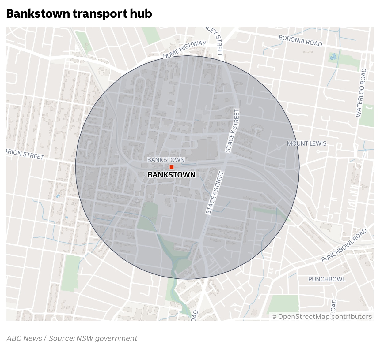 Map showing 1200m zone around Bankstown station.