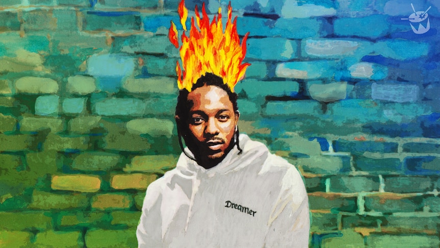 Illustration of African American man in white hoodie, flames atop his head