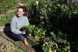 Woman crouches beside her vegetable patch, in a story about sun mapping your veggie garden.