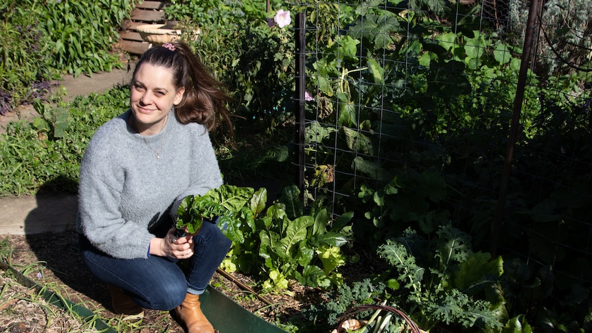 Woman crouches beside her vegetable patch, in a story about sun mapping your veggie garden.
