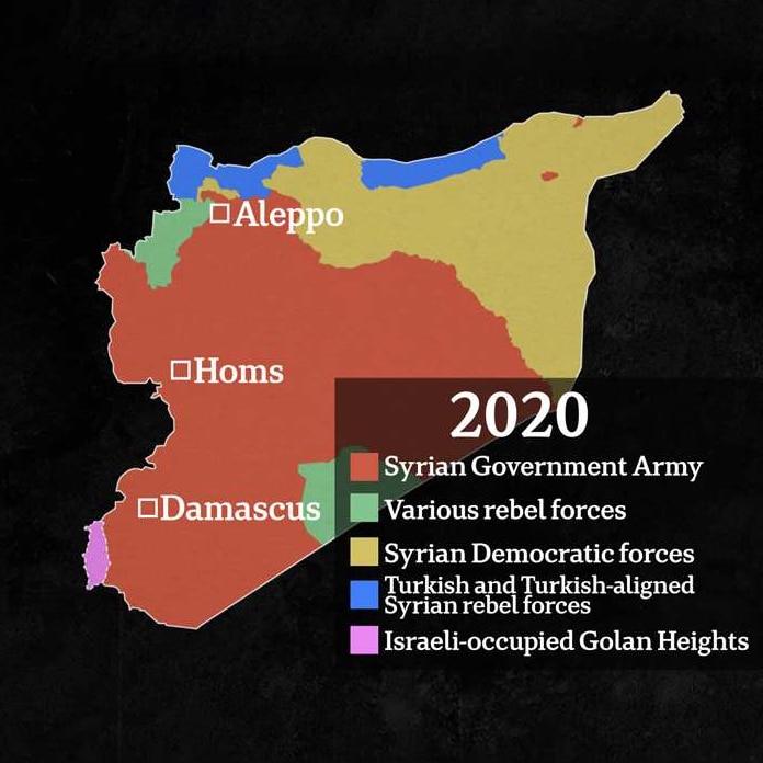 A Syrian map shows the majority of the country's centre and south-west shaded in orange, representing Government control.