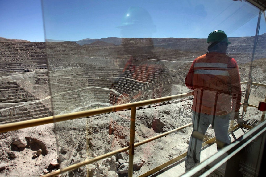 A miner looks out over the La Escondida copper mine in Chile.