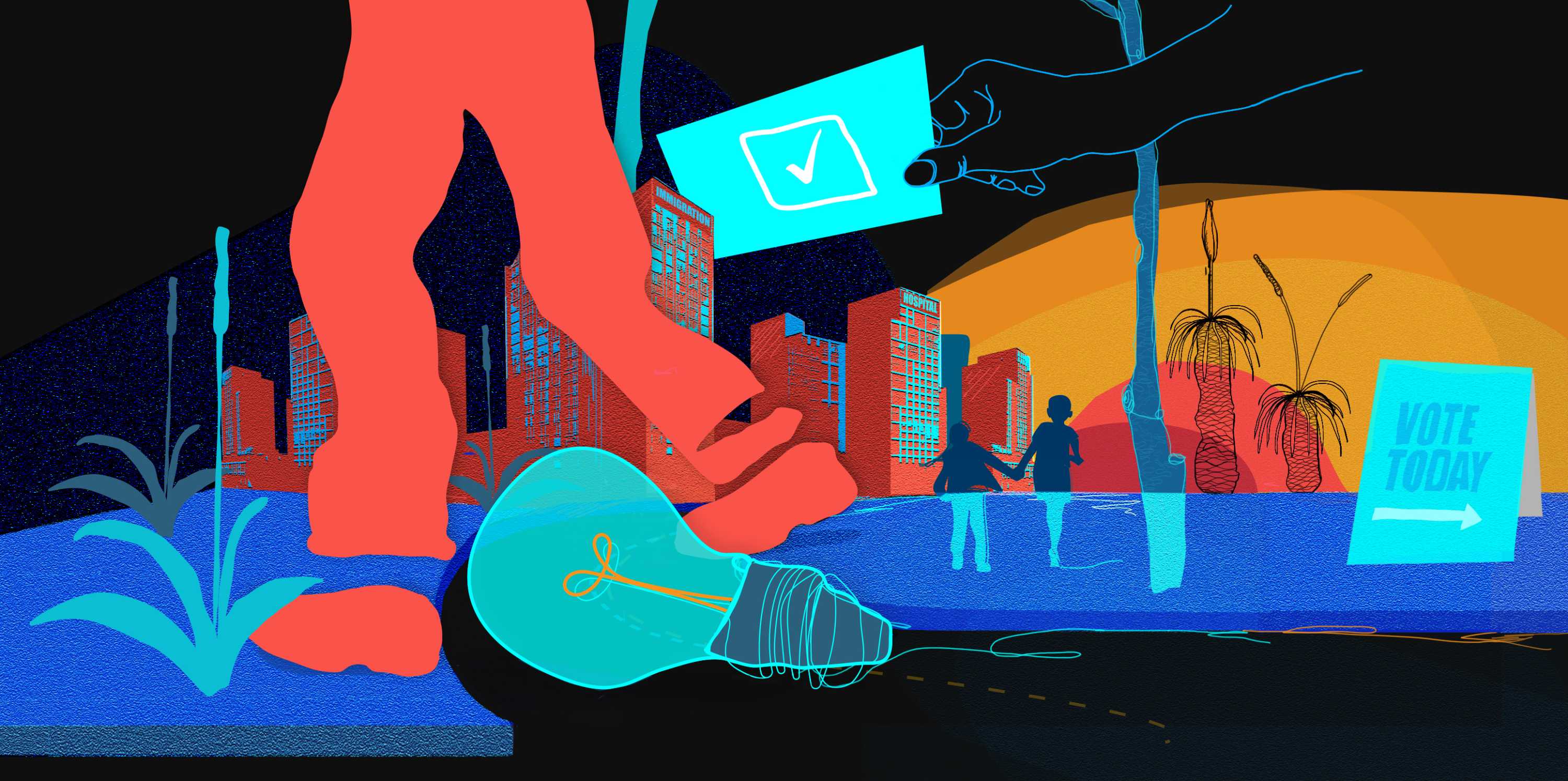 An illustration shows a street scene with a hand holding a ballot paper, children walking together in the street, a light bulb.