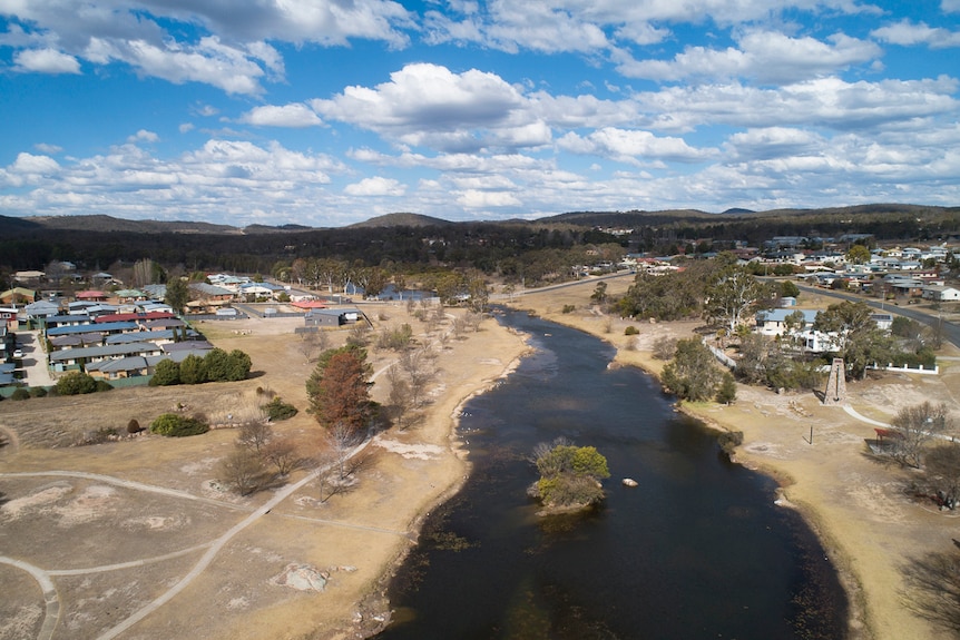 Aerial view of Stanthorpe, looking severely dry, in southern Queensland in August 2019.