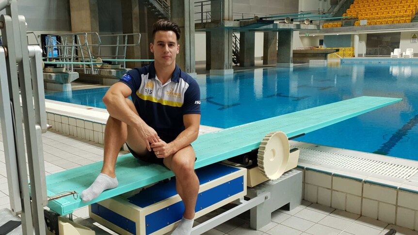 Australian diver Declan Stacey by the poolside.