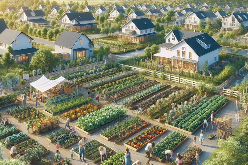 A visualisation of an agrihood - a neighbourhood built around both housing and farming.