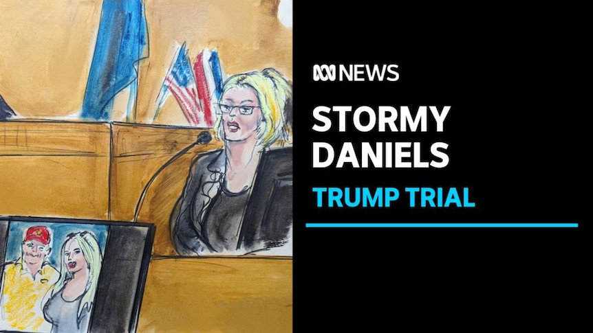 Stormy Daniels, Trump Trial: Courtroom sketch of Stormy Daniels in witness box. Photo of Donald Turmp and Daniels in foreground.