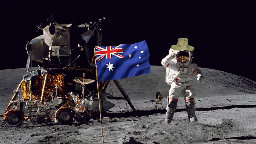 An astronaut on the moon with an Australian flag and a cork hat.