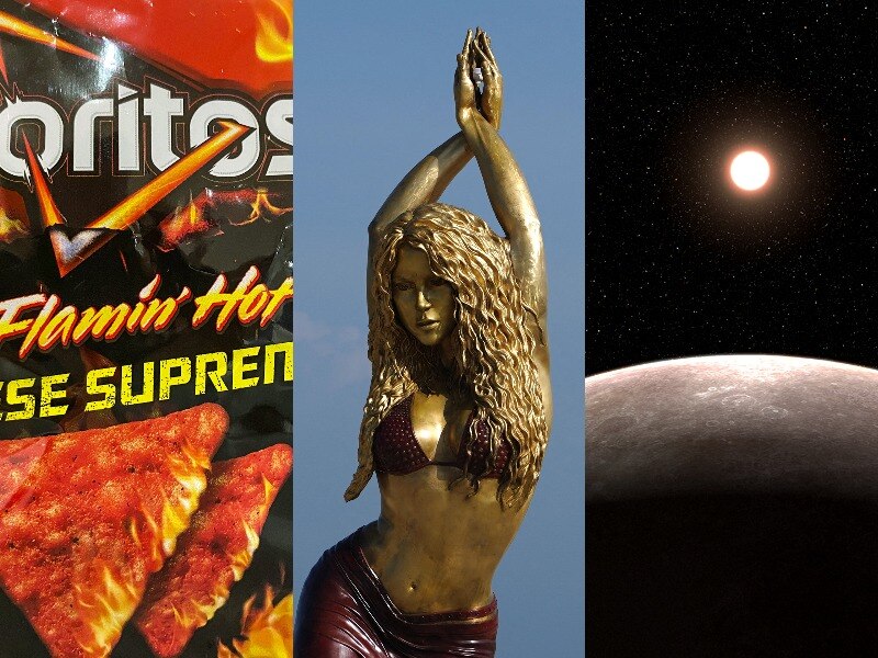 A three pic composite. First is a packet of doritos, the second is a bronze statue and the second is a view of earth 