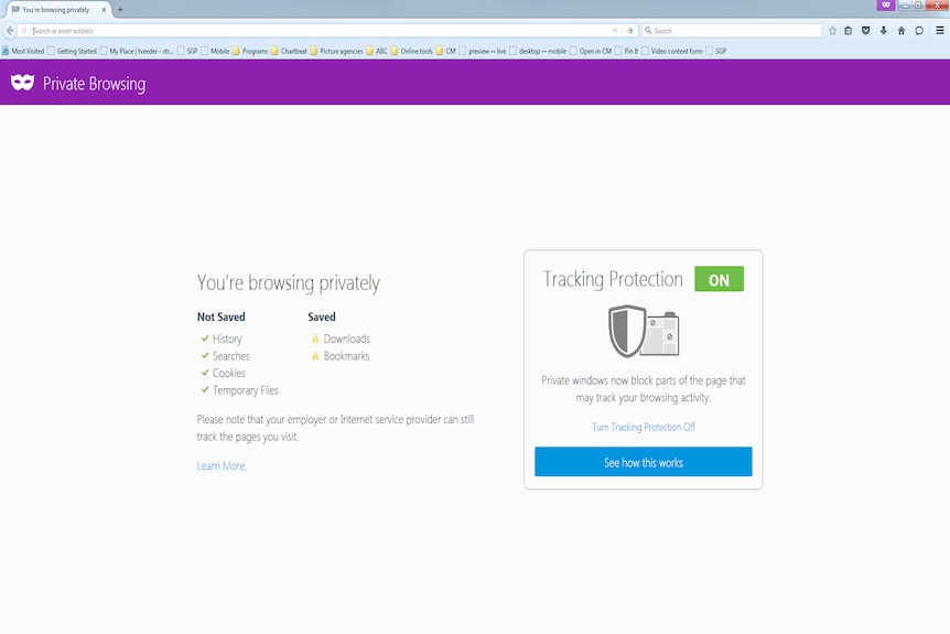 A screenshot of Firefox showing private browsing mode activated