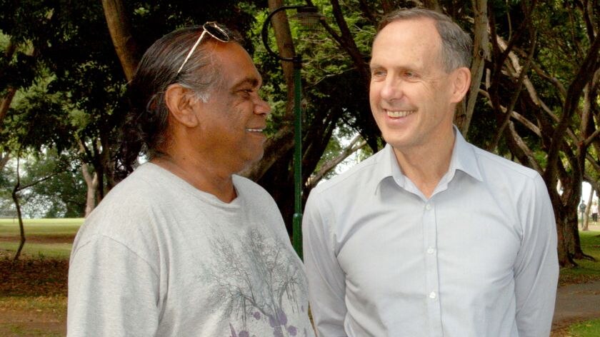 'Right in the middle of everything': Greens candidate Warren Williams strolls along the Darwin Esplanade with party leader Bob Brown
