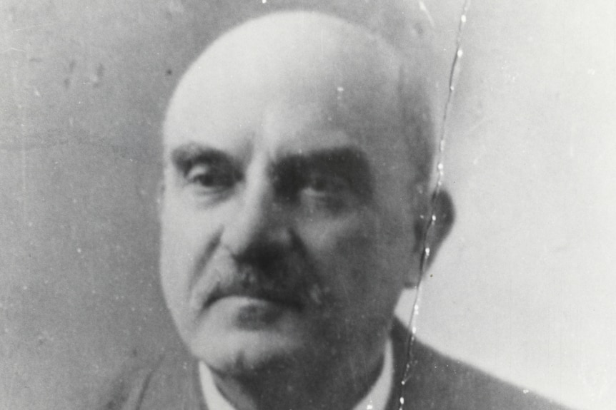 Man in suit, with bald head, thick eyebrows and mustache