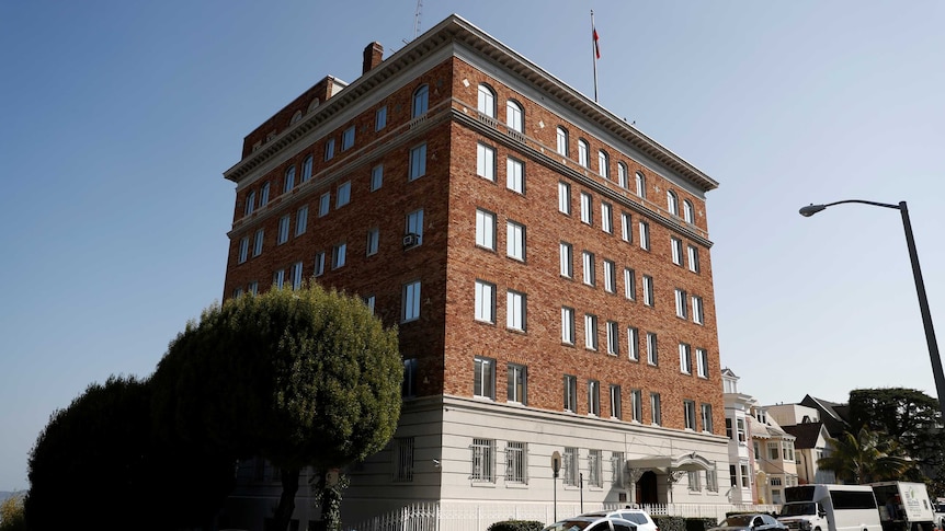 The entrance to the building of the Consulate General of Russia is shown in San Francisco.