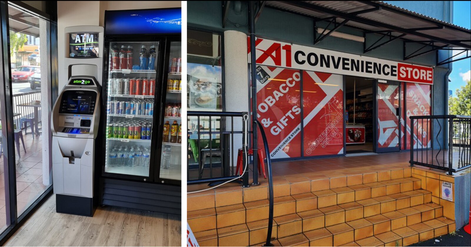 A split screen shot: on the left an atm next to a drink fridge. on the right the front of a store that says A1 convenience 