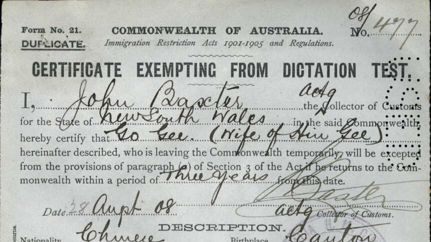 archival certificate exempting a woman of chinese ancestry from taking the dictation test