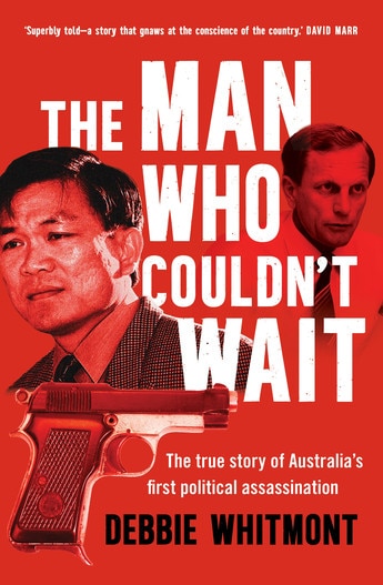 A image of a red book cover with the murder victim and assassin depicted next to a gun