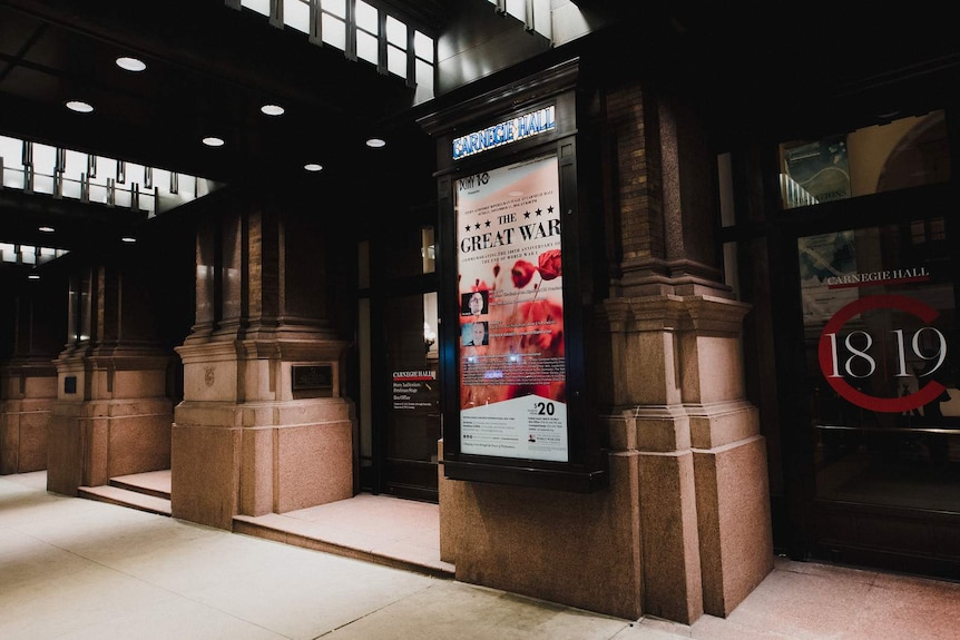 Poster outside Carnegie Hall reads 'The Great War'.