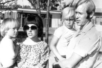 Lindy and Michael Chamberlain outside the court with their two children