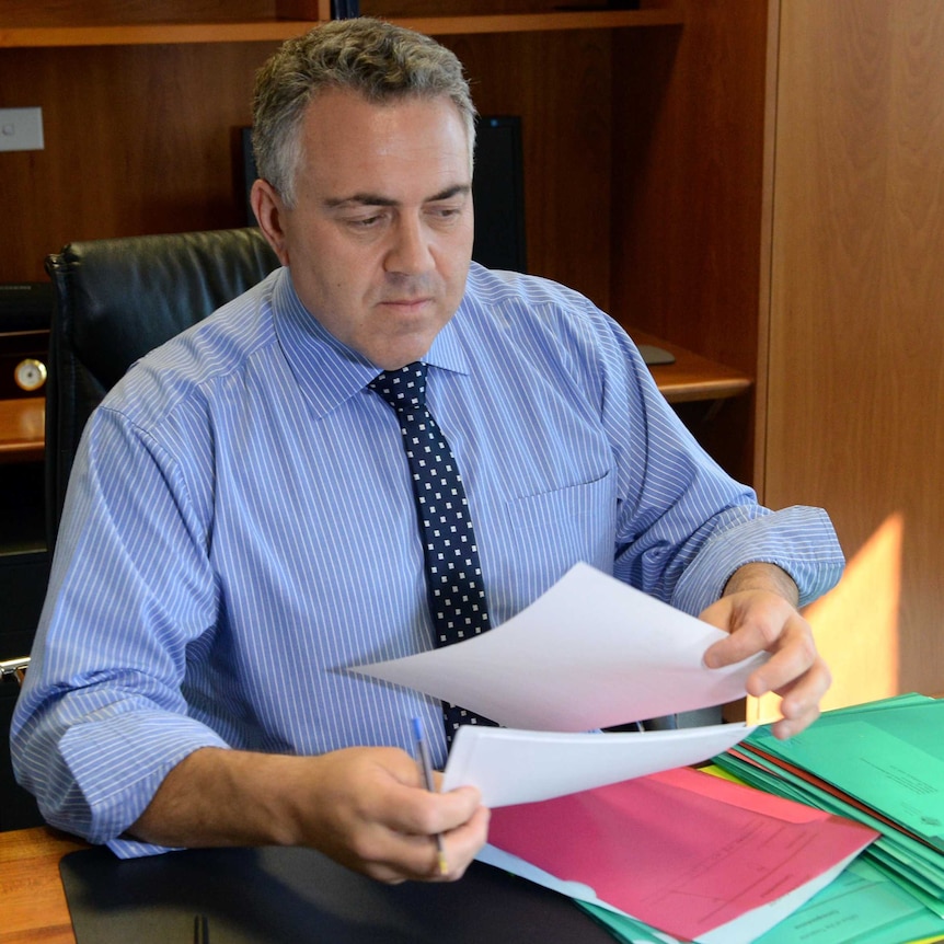 Federal Treasurer Joe Hockey looking through budget materials