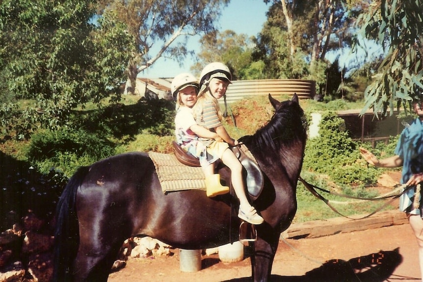 Two small children on the back of a brown horse
