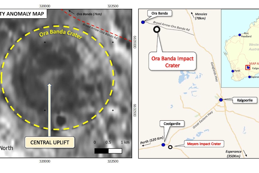 A map showing the location of a meteorite crater.