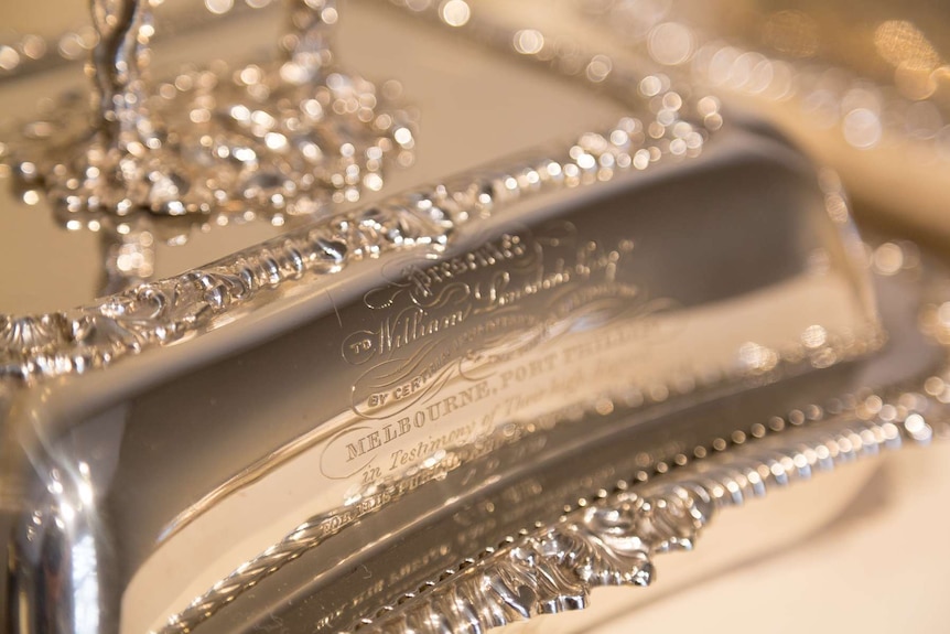 A close-up shot of a serving dish in the Lonsdale Silver collection.